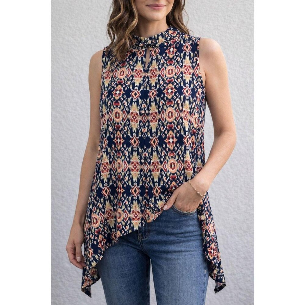 Ava James Sleeveless Boho Ikat Blouse Sharkbite Hem Navy Size L